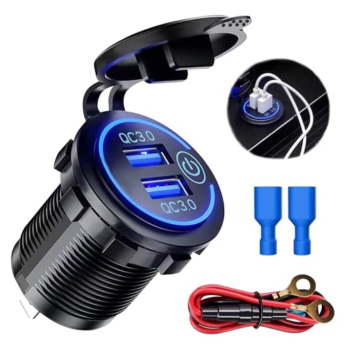 Peowuieu Presa per Caricabatterie USB Doppia QC 3.0, Presa USB 12V/24V Impermeabile Interruttore Tattile per, Marina, Barca, Rosso