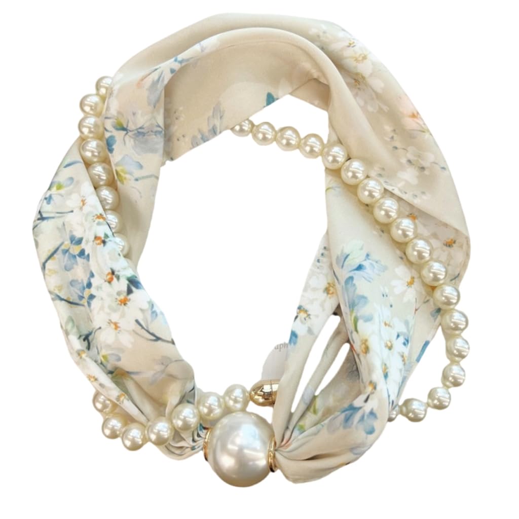 QUEENYARD Women Scarf, Magnetic Clasp Pearls Chain Necklace Floral Satins Scarf Elegant Silk Skinny Narrow Neckerchief for Fashionable Women
