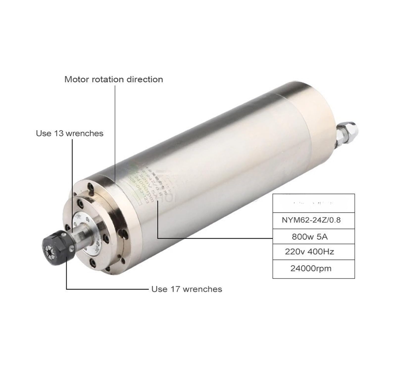Motore mandrino raffreddato ad Acqua ER11 da 1,2 kW, 220 V, 4 Cuscinetti a Sfera, Diametro 62 mm, 700 Hz, 42000 Giri/min, Coppia costante for CNC in Metallo