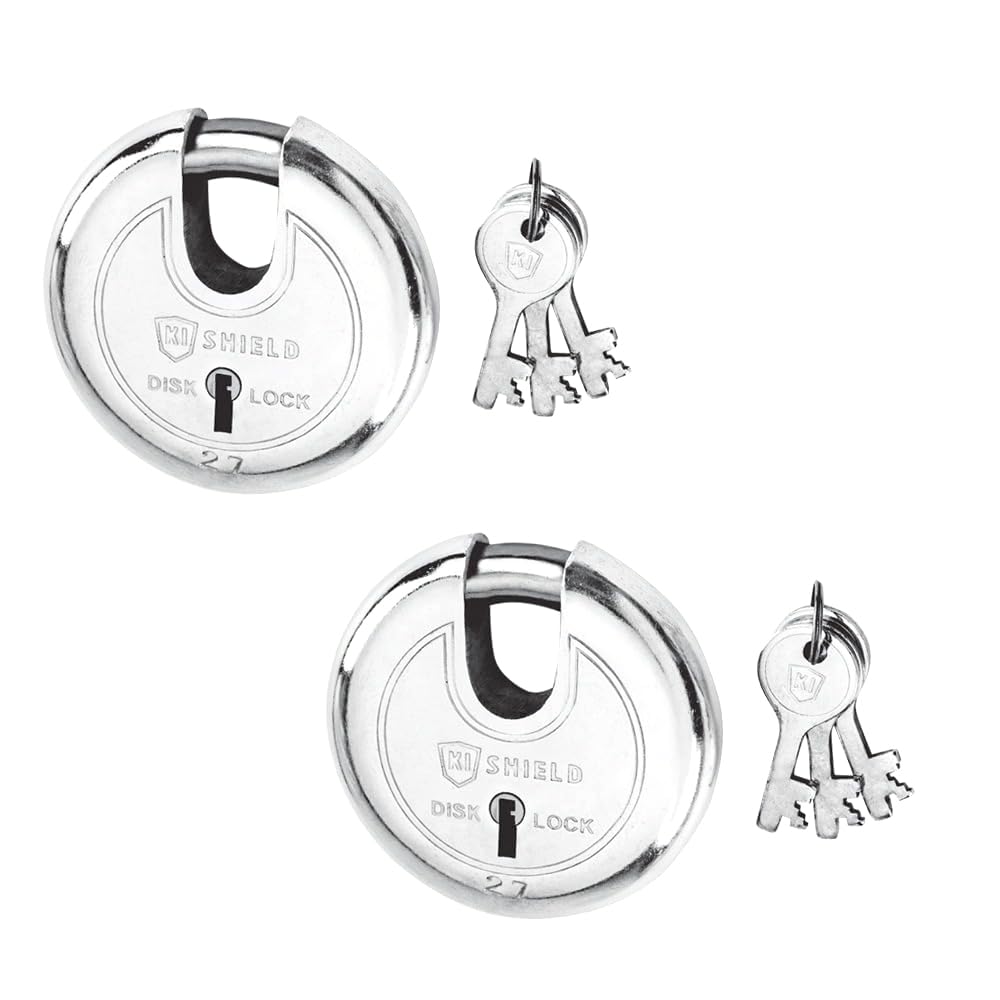 ki shield 1008 disc pad lock 80mm long shackle | 8 levers, 3 keys | silver chrome plated finish | keyed padlocks | shutter lock, gate lock | heavy welded alloy steel body |