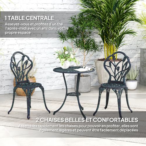 Outsunny Ensemble Salon de Jardin 2 Places 2 chaises + Table Ronde Fonte d'aluminium Imitation Fer forgé Vert – Image 4