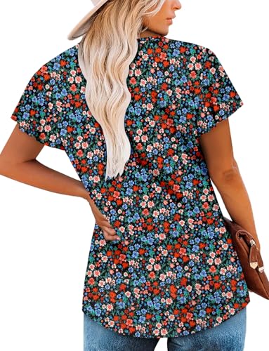 KISSMODA Tops for Womens Summer Cute Short Sleeve Shirts Trendy Notched Neck Blouses Casual Loose Pleated Tunics S-3Xl