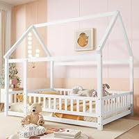 Luckiofvonne Full Size House Floor Bed Wooden Montessori Bed with Fence and Roof for Kids Playhouse Style Bed Frame for Girls Boys Teens, White