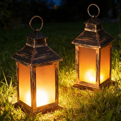 GAOUTO Lot de 2 lanternes d'extérieur : lanterne vintage créative en cuivre antique à suspendre avec effet de flamme, pour balcon, jardin, table, terrasse, piles non incluses