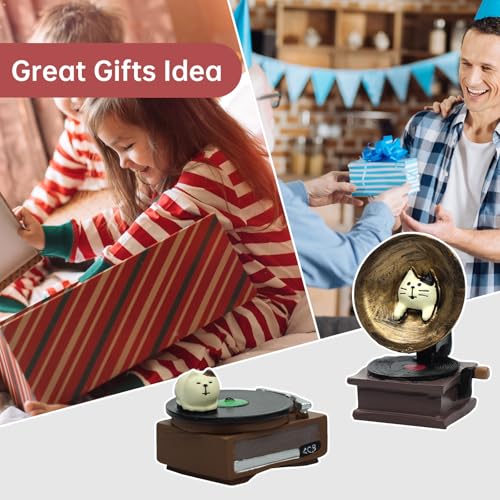 image for RAQWI Cat Vintage Phonograph and Cat Record Player Figurine Suitble fo