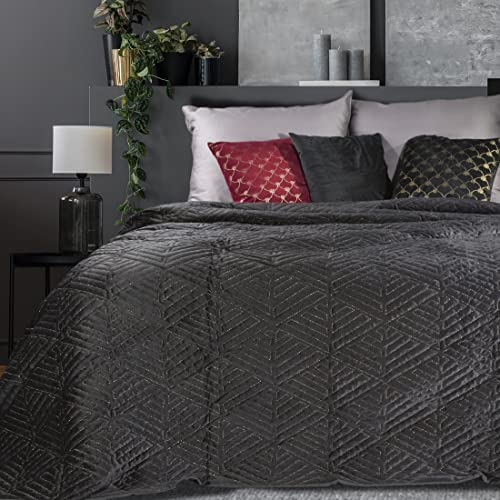 Eurofirany Deniz Bettüberwurf Velvet Samt Tagesdecke Metallnaht Gesteppt Decke Überwurf Steppdecke Elegant Edel Glamour Schlafzimmer Gästezimmer Lounge, Schwarz + Gold, 220X240cm