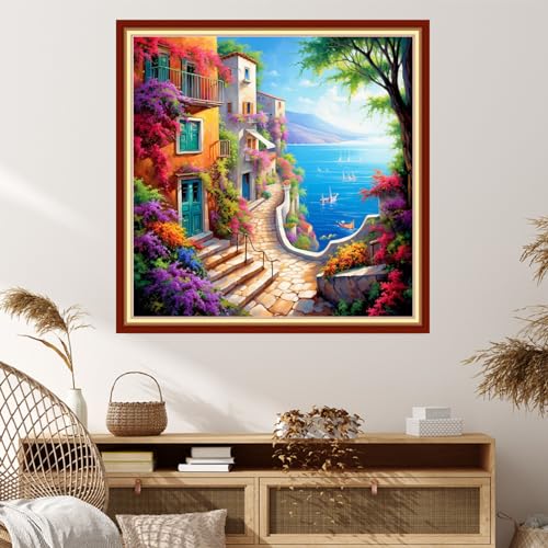 Image of Dimxvean Stamped Cross Stitch Kits,Cross Stitch Kits for Adults Beginners,Embroidery Kits Full Range of Cross Stitch Stamped Kits Needlepoint Kits Cross Stitch Patterns-Seaside Scenery 18x18 inch