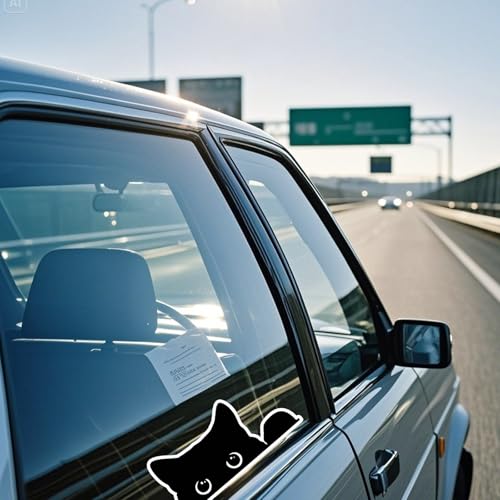 Image of Funny Car Stickers, Waterproof Peeking Sneaky Cat Sticker, Self-adhesive Cute Black Cat Decals, 5.5 inch x 2 inch Curious Peeking Kitty Cat Decal for Cars, Trucks, Window, Laptop, Wall (White)