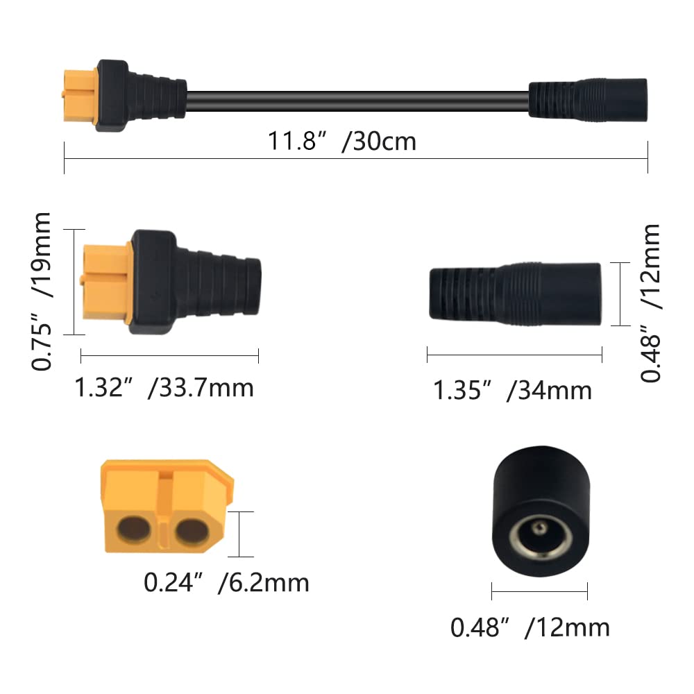 AAOTOKK XT60 to DC Adapter Cable XT60 Bullet Connector to DC 5.5X2.5mm Female Power Jack Adapter Cable for TS100 Soldering Iron, FPV Monitor Power,Drone Power Cord.(30 cm-2Pack