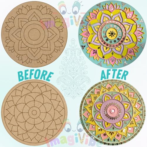 Image of ImagiVibe DIY Lippan Art Kit for Kids and Adults | 2 Pre-Marked 12 Inch MDF Boards with Stand | Indian Folk Art Craft Kit with Clay Mirrors and 6 Non-Toxic Pastel Acrylic Paint Colors | Wall Decor DIY Gift Kit (12inch Pastel Colors)