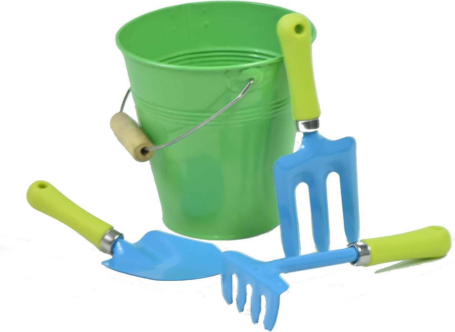 G & F Products JustForKids Garden Tool Set - Green Metal Pail with Real Mini Shovel, Rake & Cultivator, Wooden Handles, Perfect for Outdoor Play,