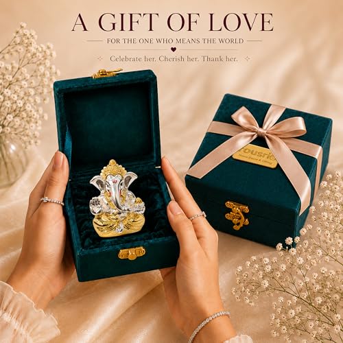 Image of Rousrie 24k Gold and 999 Pure Silver Plated Ganesha Idol, 2.5 Inch, Attracts Prosperity, Luxury Gift Box Included, for Wedding and Housewarming