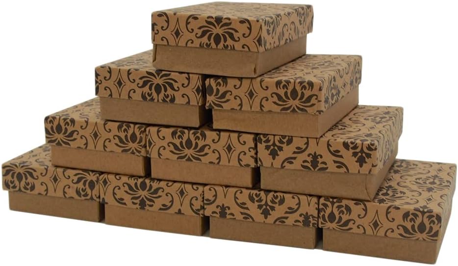 CuteBox Kraft Damask Cotton Filled Boxes 100pcs (3 1/4" x 2 1/4" x 1") for Jewelry, Retail, Merchandise, Party Favors, Gift Boxes, Handmade, Homemade, Arts and Crafts