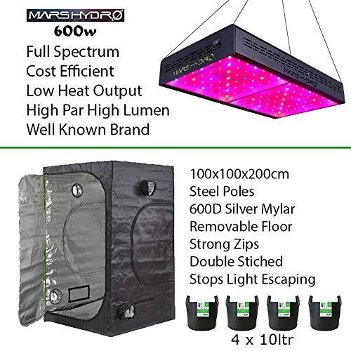 Grow Tent Hydroponics Kit - Mars LED Grow Light - 1 x 1 x 2m Grow Tent - Fabric Pots