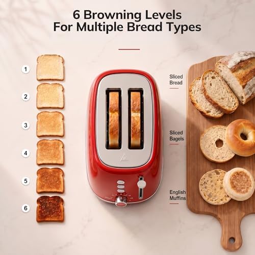 2 Slice Stainless Steel Toaster Retro with 6 Bread Shade Settings, Bagel, Cancel, Defrost Function, Extra Wide Slot, Removable Crumb Tray, Red — view 4