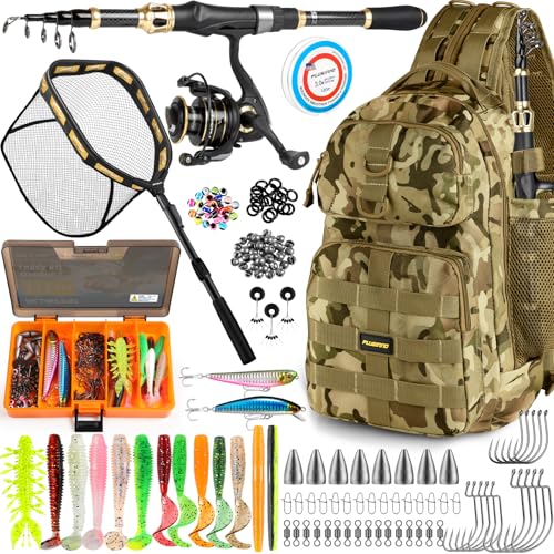 Image of PLUSINNO Fishing Gear-Fishing Rod & Fishing Backpack, Fish Net,Tackle Box | Tackle Backpack Kit With Fishing Pole For Saltwater & Freshwater, Fishing Floating Net, Fishing Lures, Fishing Tackle Bag