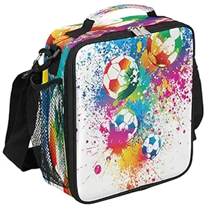 Lunch Box for Kids Sport Soccer Watercolor Lunch Bag for Girls Boys Insulated Freezable with Adjustable Shoulder Strap, Cooler Tote Bag for School Travel Picnic Beach