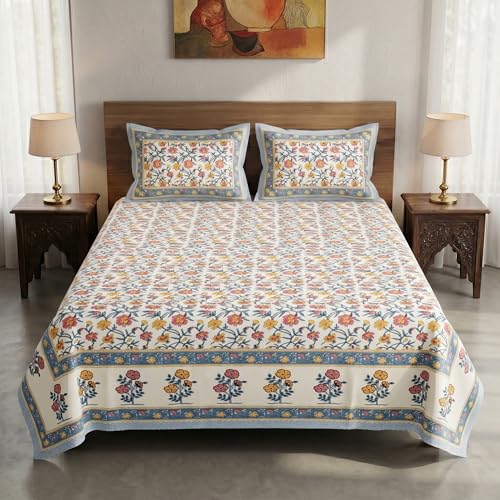 Image of Mafatlal 144 TC Heritage 100% Cotton Bedsheet for Double Bed & Queen Size Bed with 2 Pillow Covers(90x108 inches), Jaipuri Rajasthani Design, Extra Soft & Wrinkle Free| Vivid Multicolor