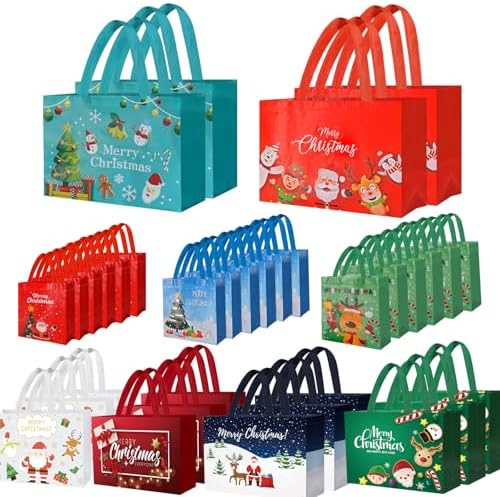 IPQXE 34 Pack Christmas Gift Bags Assorted Sizes- Reusable Tote Bags Non-Woven, Xmas Shopping Bags with Handles, for Christmas Treat Bags, Gifts Wrapping, Xmas Party Supplies 2 Large 8 Medium 12 Small