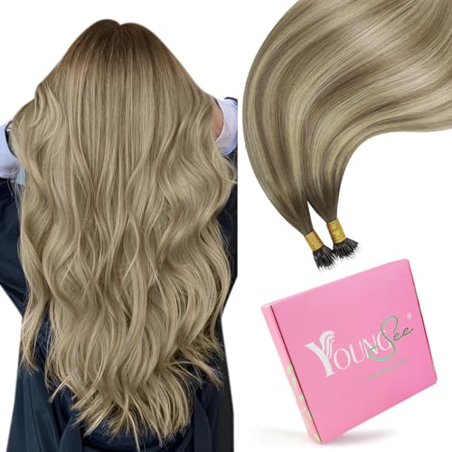 Image of YoungSee Nano Ring Hair Extensions Brown Nano Bead Human Hair Extensions Dark Brown Ombre Light Brown with Blonde Nano-Tip Hair Extension Real Hair Ombre Nanolink Extension 14in 50 Strands 50g