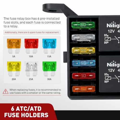 Image of Nilight 12V Fuse Relay Box 6 Relays 4pin 40A 6 Fuses Pre-Wired Block Kit | 6-Way ATC /ATO Blade Fuses Holder 12AWG Pre-Wired Relay Box Universal for Automotive Car Truck Camper Boat
