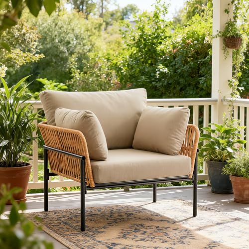 Christopher Knight Home Jaylon Modern Iron Lounge Chair Outdoor, Patio Accent Chair with Rope Weave Design, Patio Furniture Set Single Sofa Chair with Cushions, Comfy Reading Chair, Natural+Beige