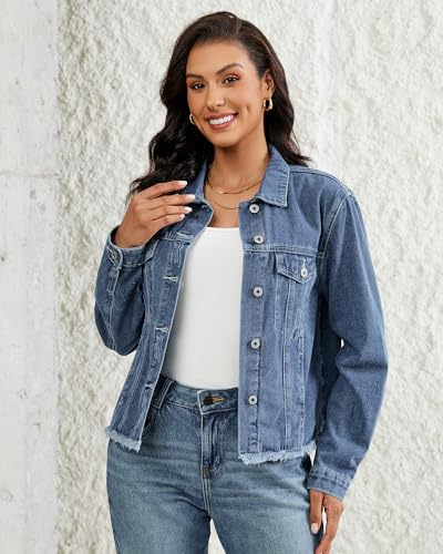 Vetinee Jean Jacket Women Trendy Button Down Long Sleeves Casual Distressed Frayed Hem Trucker Denim Jackets with Pocket3