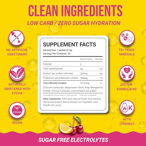 Image of Dr. Price's Electrolytes Hydration Powder Packets - Cherry Lemonade, 30 Packs | Sugar Free Electrolyte Drink Mix, 72+ Trace Minerals, Manganese | Keto, Vegan, Doctor-Formulated, Made in USA