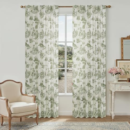 Sage Green Floral Linen Curtains 84 Inches Long for Living Room Bedroom Toile de Jouy Printed Patterned Country Semi Sheer Curtains Back Tab Light Filtering Pattern Loden Olive 84 Inch Window Drapes