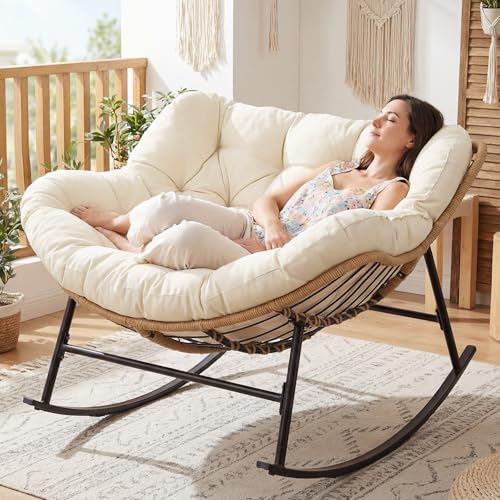 Image of NICESOUL Papasan Rocking Chair with Cushion Indoor Outdoor, Oversized Padded Egg Rocking Chair, All-Weather Wicker Rattan Lounge Rocker, 450 lbs Capacity Glider for Living Room Balcony Porch, Beige