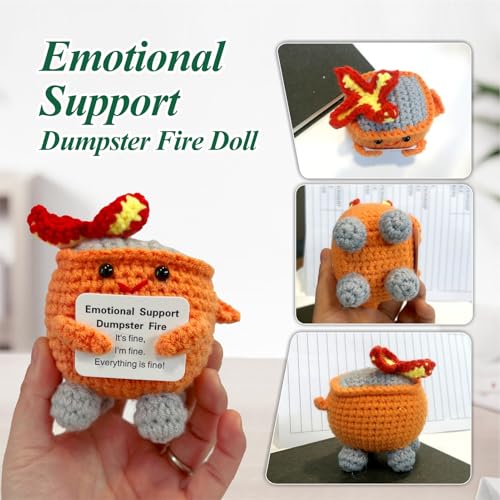 Image of Emotional Support Dumpster Fire - Positive Crochet Birthday Easter Basket Stuffers Essentials Gift for Women Men Girls Coworker Friend, Handmade Knitted Doll for Home Office Accessories Decor (Orange)
