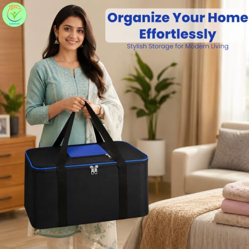 Image of Storage Bags for Blanket, Clothes, Toys and Bed Sheet Cover Bag - Underbed Large Size Black Cover Bags (54 x 46 x 28 cm) (Blue, Pack of 10)