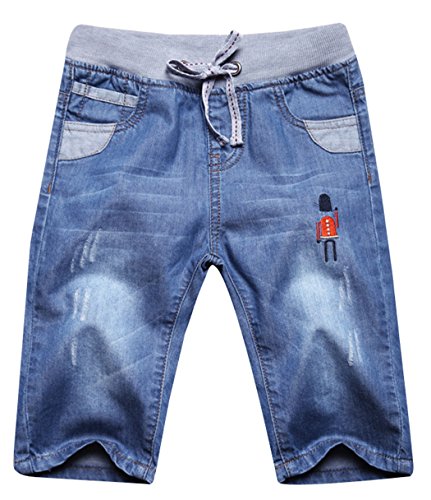 JiaYou Child Boy Mid Waist Elastic Straight Stretch Summer Capris Cropped Denim Jeans Shorts