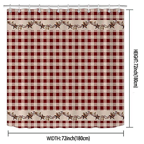 Namdeva Brown Texas Star Western Shower Curtain, Primitive Star Red And Beige Buffalo Plaid Rustic Country Farmhouse Bathroom Decor, Waterproof Polyester Fabric Shower Curtain, 72 X 72 Inch, Berry #TOP1