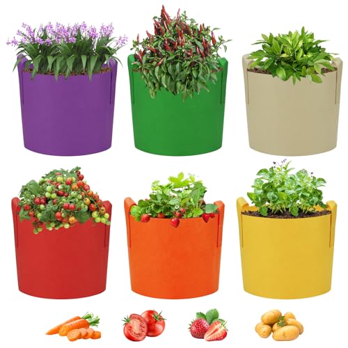 Ohiyoo 10 Gallon Plant Grow Bags, 6-Pack Multicolor Fabric Planters Grow Bags Vegetable Planter Bags Containers, Fabric Plant Pots for Potato Tomato Vegetable Flowers (10 Gal)