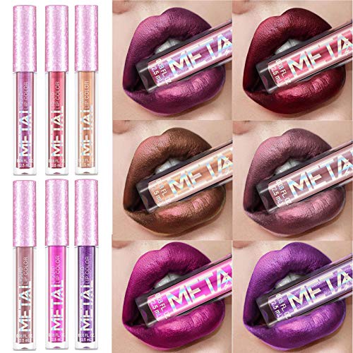 Emirde 6 Colors Metallic Lip Gloss, Diamond Glitter Liquid Lip Gloss Set, Waterproof Non-stick Cup Lipstick Glaze