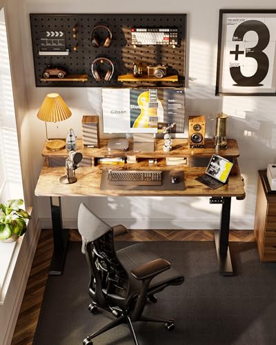 Image of FEZIBO 60 x 24 Inch Height Adjustable Electric Standing Desk with Double Drawer, Stand up Home Office Computer Desk with 4 Height-Adjustable Feets & 2 Hooks, Rustic Brown
