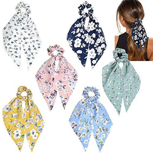 6pcs Scarf Scrunchies for Hair Ties Scarves Scrunchie Chiffon Floral Hair Ribbon Long Tail Fashion Ponytail Holder Scrunchy for Women