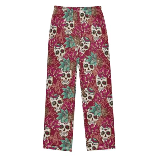 ZZXXB Skull and Flowers Boys Long Pants Soft Trousers Elastic Waist Kids Lounge Bottoms with Pockets S-XL