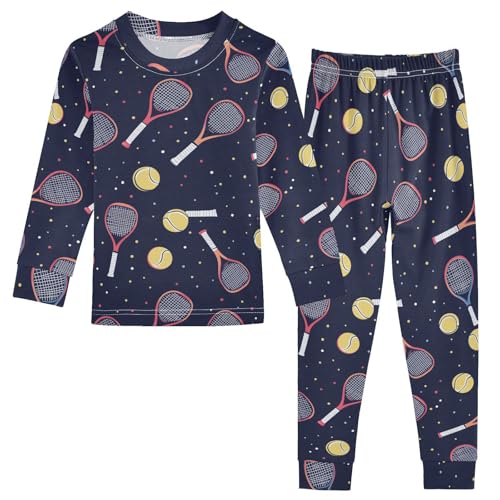 Fustylead Hand Draw Tennis Rackets and Balls Cotton Pajamas Long Sleeve Sleepwear Lounge Set
