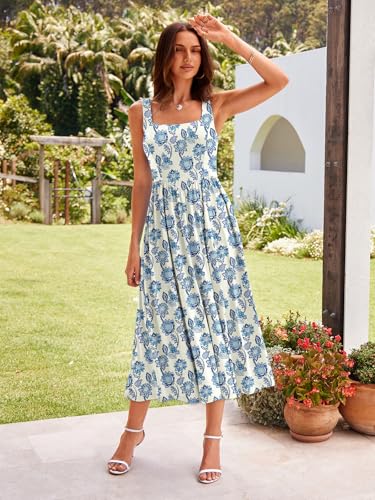 Image of Sureple Midi Dresses for Women 2026 Spring Square Neck Tank Sleeveless A Line Casual Summer Sundresses with Pockets