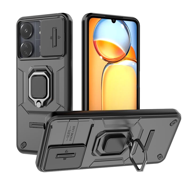 Image of Polycarbonate Camshield Pro Case With Slide Camera Protection And 360 Protection Ring Stand Bumper Back Case Cover For Poco C65 (Black)