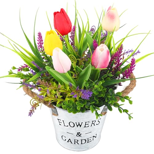 Solsew Artificial Potted Flowers 10" Tall Fake Tulips Lavender Spring