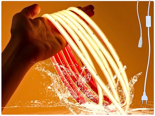 Striscia LED COB (lunghezza 5 metri) 296LEDS/M, 220V Connessione diretta EU senza trasformatore, protezione IP65, uso interno ed esterno, per soffitti, soggiorno, cucina, bagno, ufficio. (3500 K