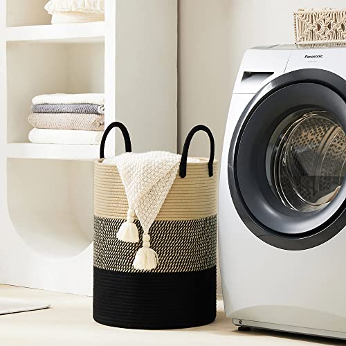 Youdenova Woven Rope Laundry Hamper Basket, 58L Tall Laundry Basket For Blanket Organizer- Clothes Hamper For Bedroom Storage, Baby Kids Nursery Hamper-Large-Black & Brown #TOP4