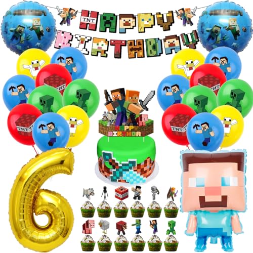 Pixel Kindergeburtstag Deko 10 Jahre Luftballon 10th Geburtstagsdeko, 41 Stück Miner Gamer Geburtstag Party Deko, Jungen Folienballon Spiel Luftballon Happy Birthday Banner Cupcake Toppers