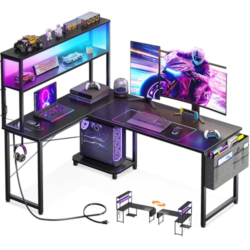 AODK L Shaped Desk Gaming Desk with LED Light & Power...