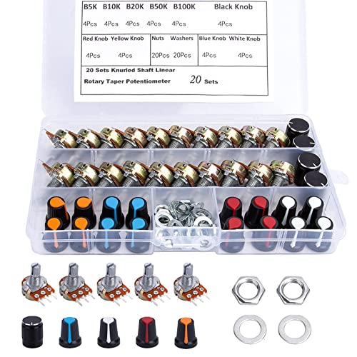 Potenciómetro Rotativo Potenciómetros Lineal Cónico 5K 10K 20K 50K 100K Ohm 3 Terminales con Perilla Tuercas Arandelas 20 Juegos