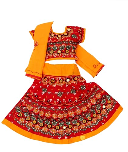 Image of PK HUB Girl's Cotton Radha Dress - Traditional Lehenga Choli with Dupatta | Readymade Chaniya Choli for Garba, Dandiya & Janmashtami | Ethnic Costume for Girls (Set of 3)