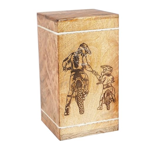 Image of Handcrafted Floral Engraved Wooden Urns for Human Ashes Adult Large - Cremation Urn for Ashes - Burial Urn for Columbarium - Funeral Urn Box (Father Son Riding, 250 LB - Hardwood)